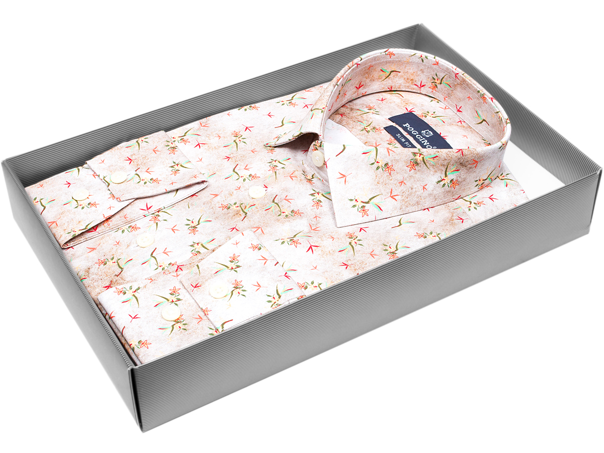 Яркая мужская рубашка Poggino 5010-01 рукав длинный силуэт приталенный стиль casual цвет бежевый в цветах 100% хлопок