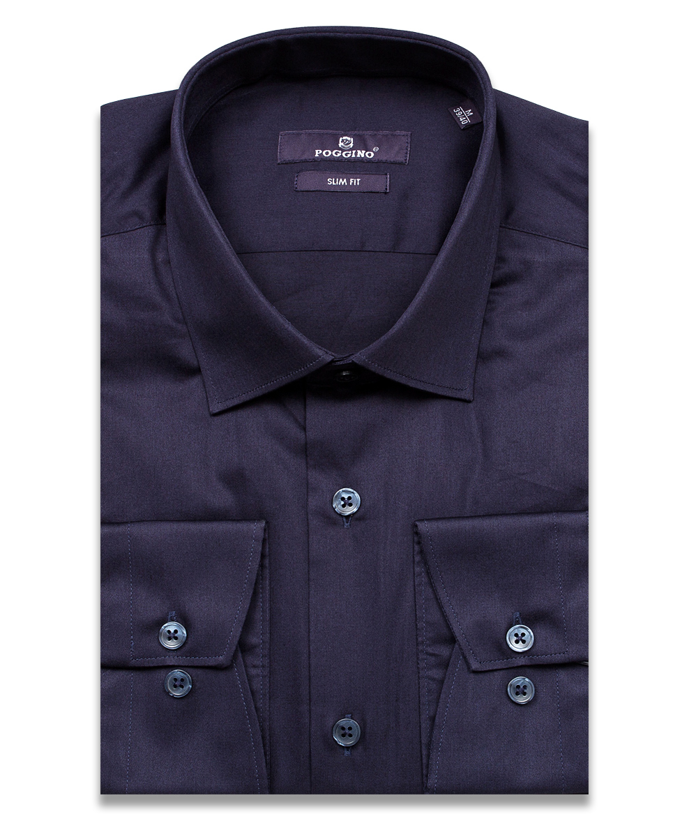 Темно-синяя приталенная мужская рубашка Poggino 7016-05 с длинными рукавами