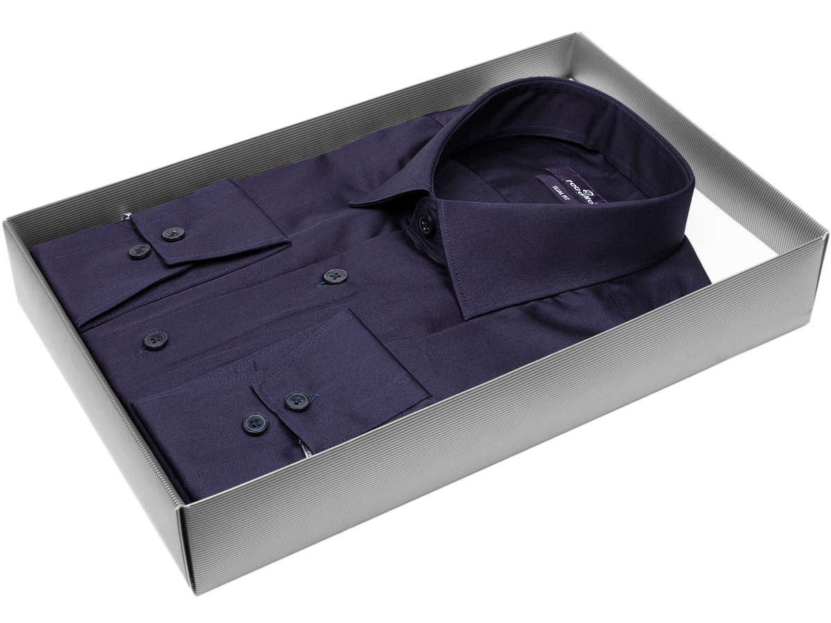 Брендовая мужская рубашка Poggino 7016-05 силуэт приталенный стиль классический цвет темно синий однотонный 100% хлопок