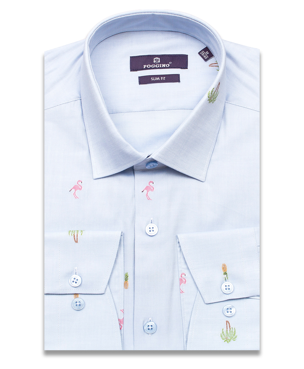 Голубая приталенная мужская рубашка Poggino 7016-10 в фламинго и пальмах с длинными рукавами