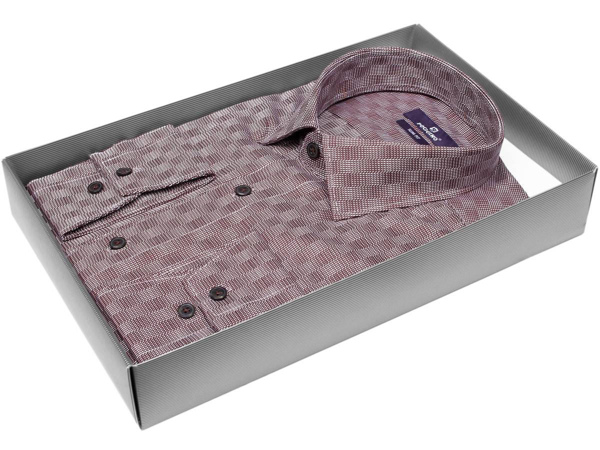 Коричневая приталенная мужская рубашка Poggino 7015-02 в клетку с длинными рукавами