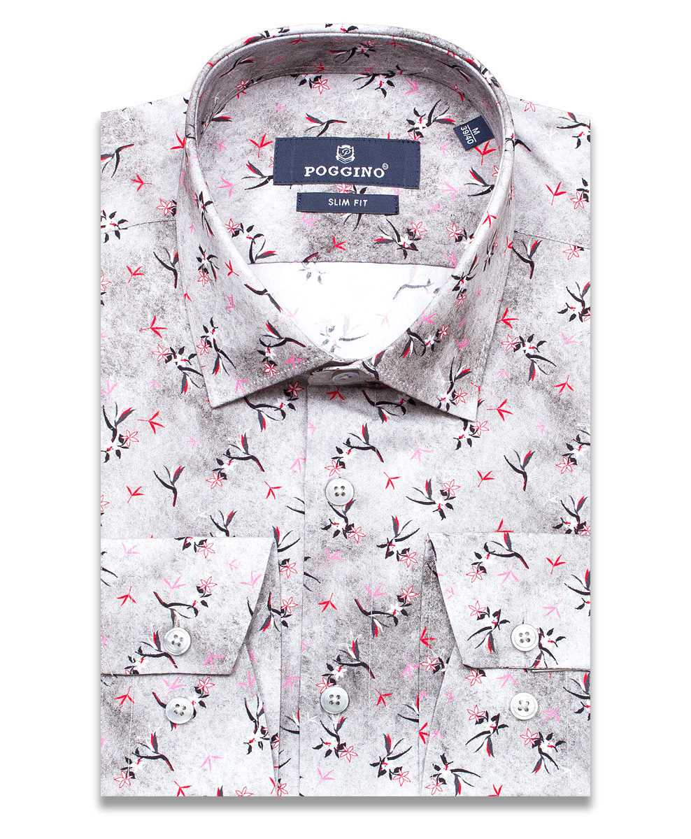Серая приталенная мужская рубашка Poggino 5010-03 в цветах с длинными рукавами
