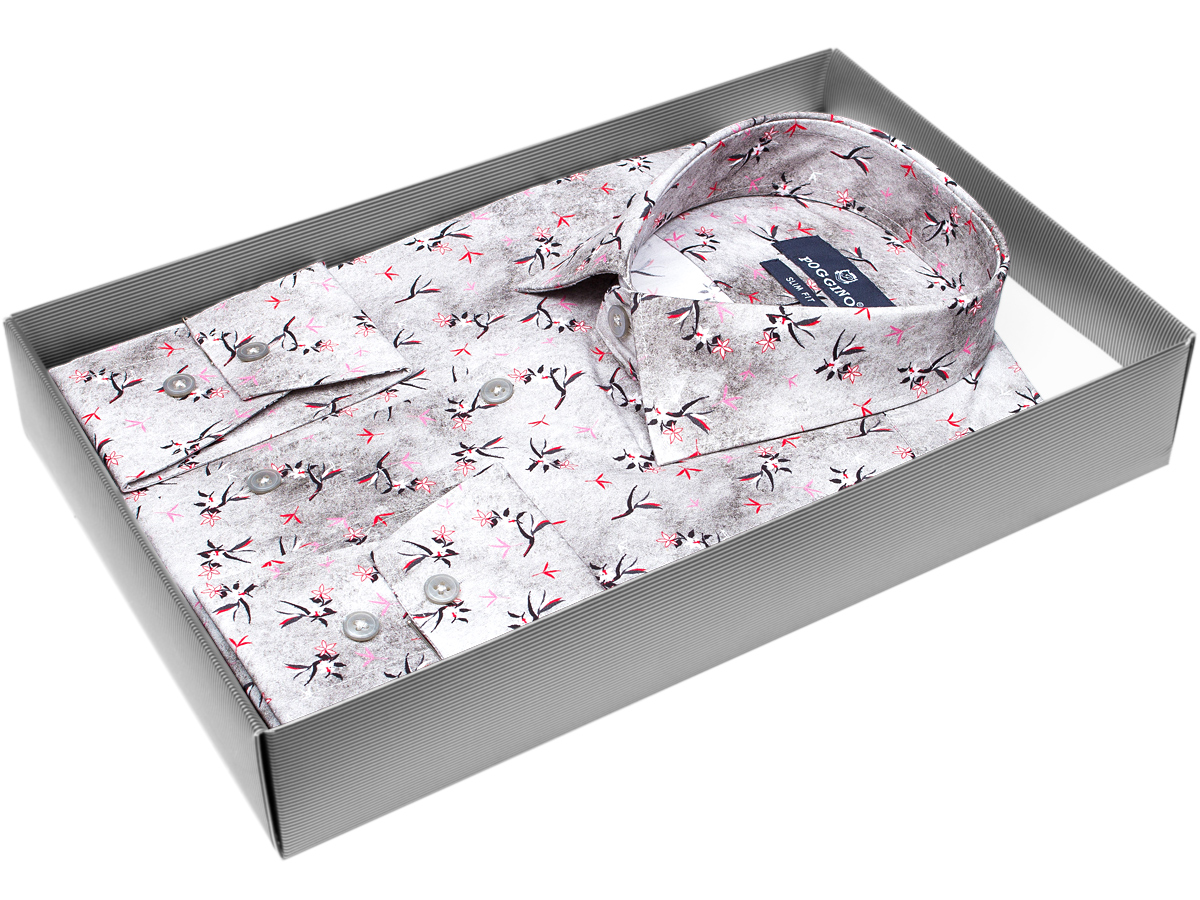 Модная мужская рубашка Poggino 5010-03 силуэт приталенный стиль casual цвет серый в цветах 100% хлопок