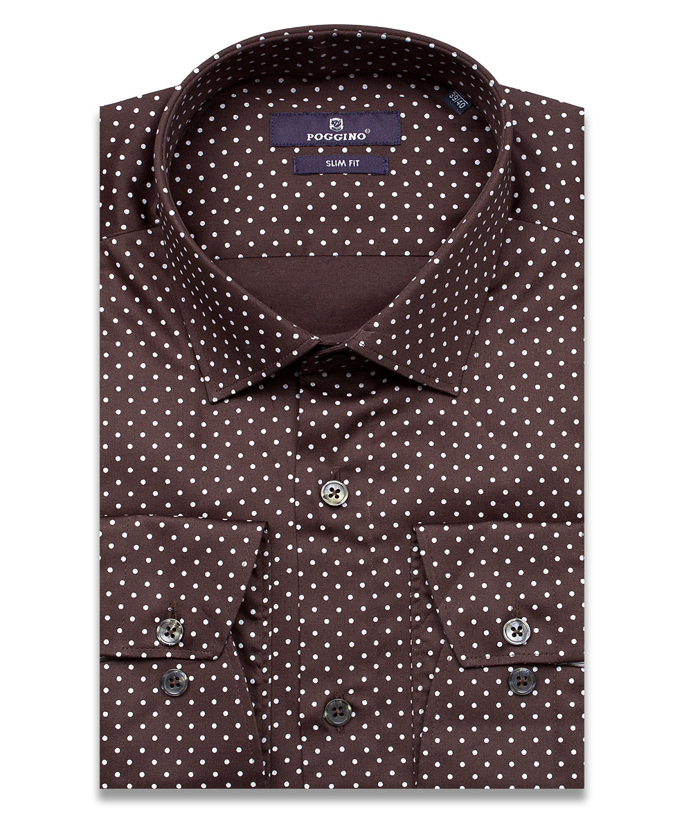 Коричневая приталенная мужская рубашка Poggino 7014-12 в горошек с длинными рукавами