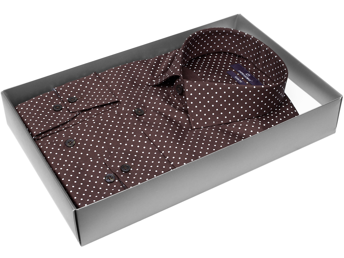 Яркая мужская рубашка Poggino 7014-12 рукав длинный силуэт приталенный стиль классический цвет коричневый в горошек 100% хлопок