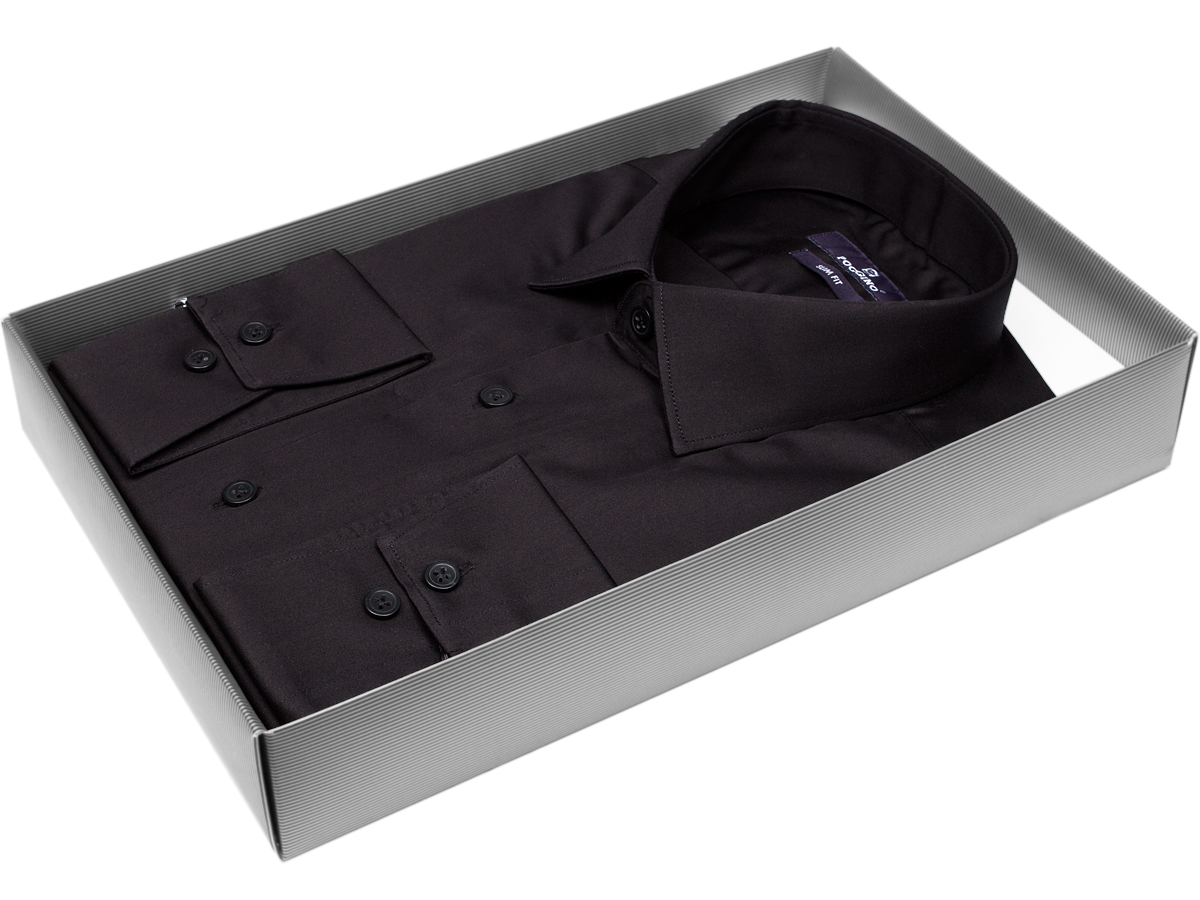 Мужская рубашка модного бренда Poggino 7016-02 рукав длинный силуэт приталенный стиль классический цвет черный однотонный 100% хлопок