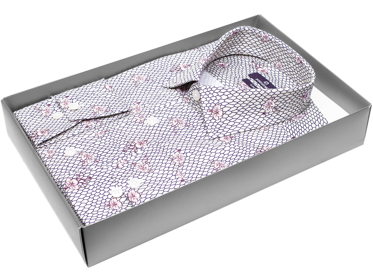 Приталенная мужская рубашка Poggino 7016-15 рукав длинный стиль casual цвет серый в цветах 100% хлопок