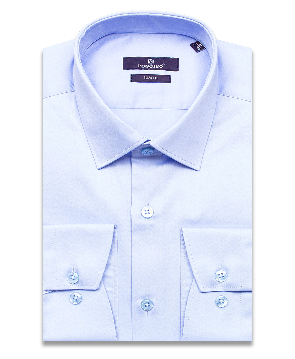 Голубая приталенная мужская рубашка Poggino 7016-03 с длинными рукавами