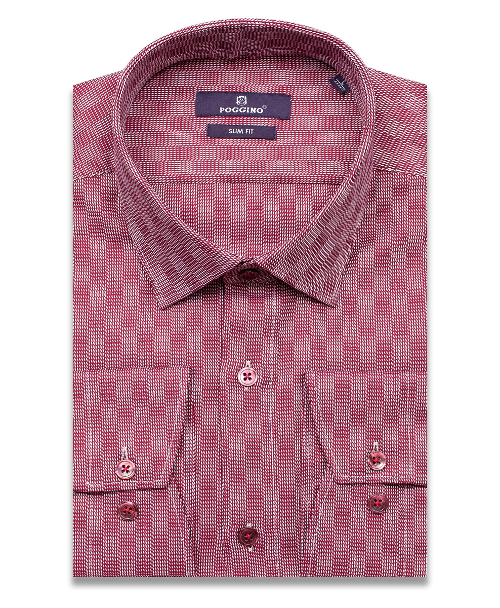 Бордовая приталенная мужская рубашка Poggino 7015-03 в клетку с длинными рукавами