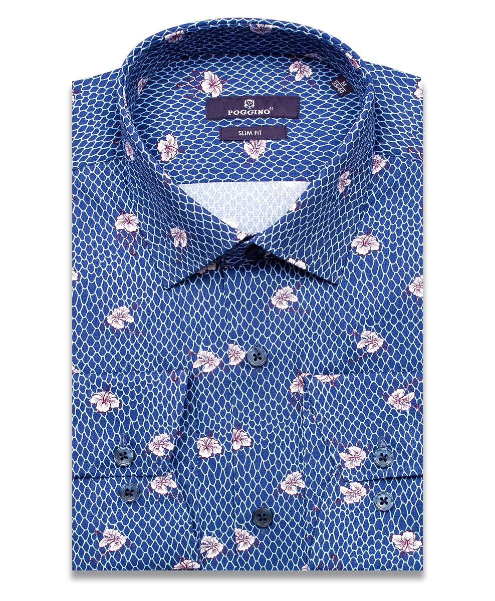 Синяя приталенная мужская рубашка Poggino 7016-16 в цветах с длинными рукавами