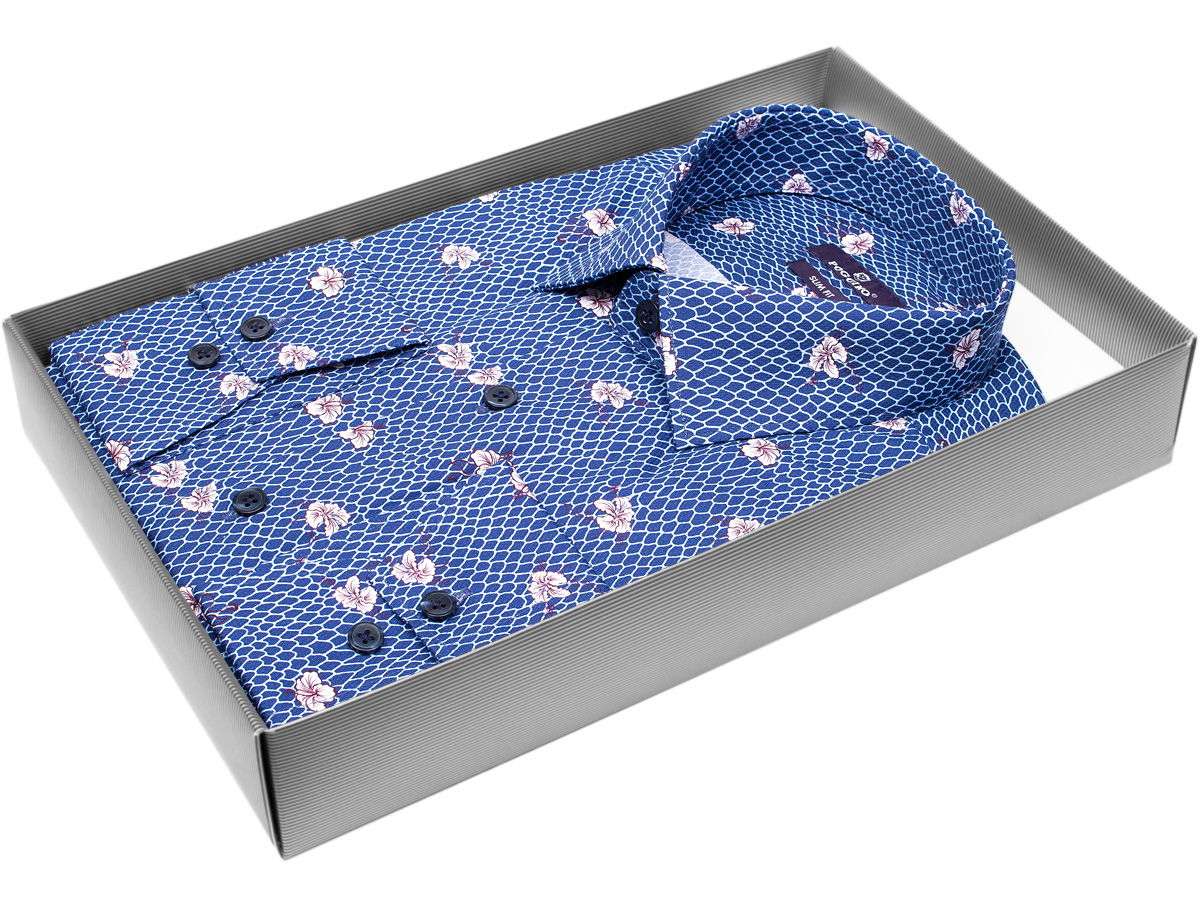Синяя приталенная мужская рубашка Poggino 7016-16 в цветах с длинными рукавами купить в Москве недорого