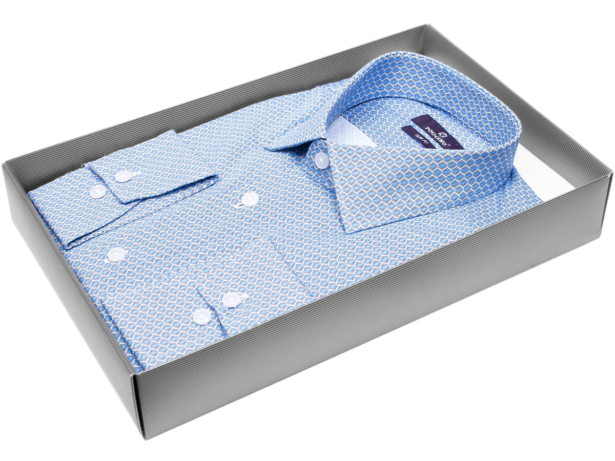 Синяя приталенная мужская рубашка Poggino 7015-117 в узорах с длинным рукавом купить в Москве недорого