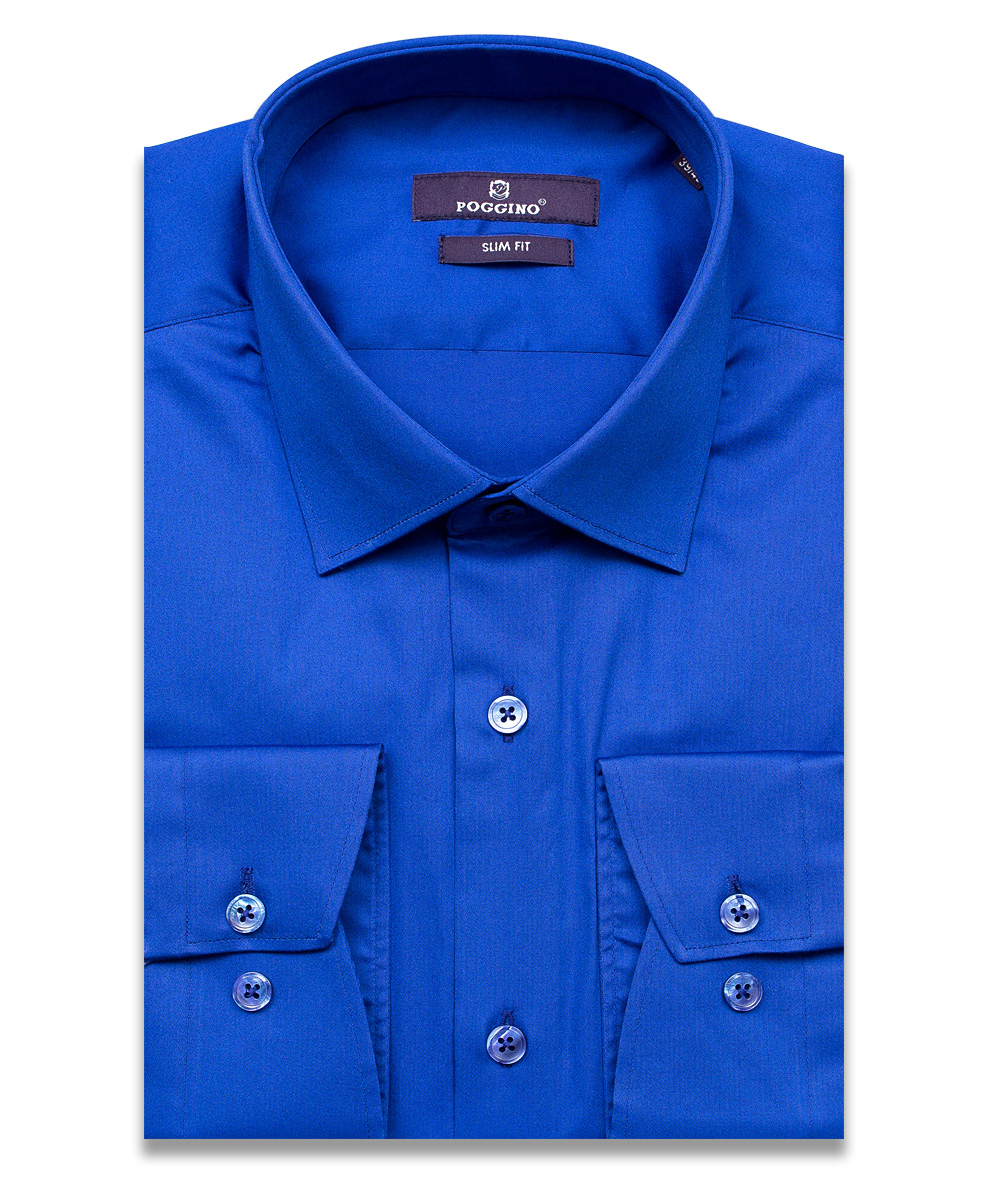 Cиняя приталенная мужская рубашка Poggino 7016-06 с длинными рукавами