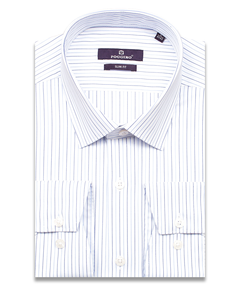 Белая приталенная мужская рубашка Poggino 7017-71 в полоску с длинными рукавами