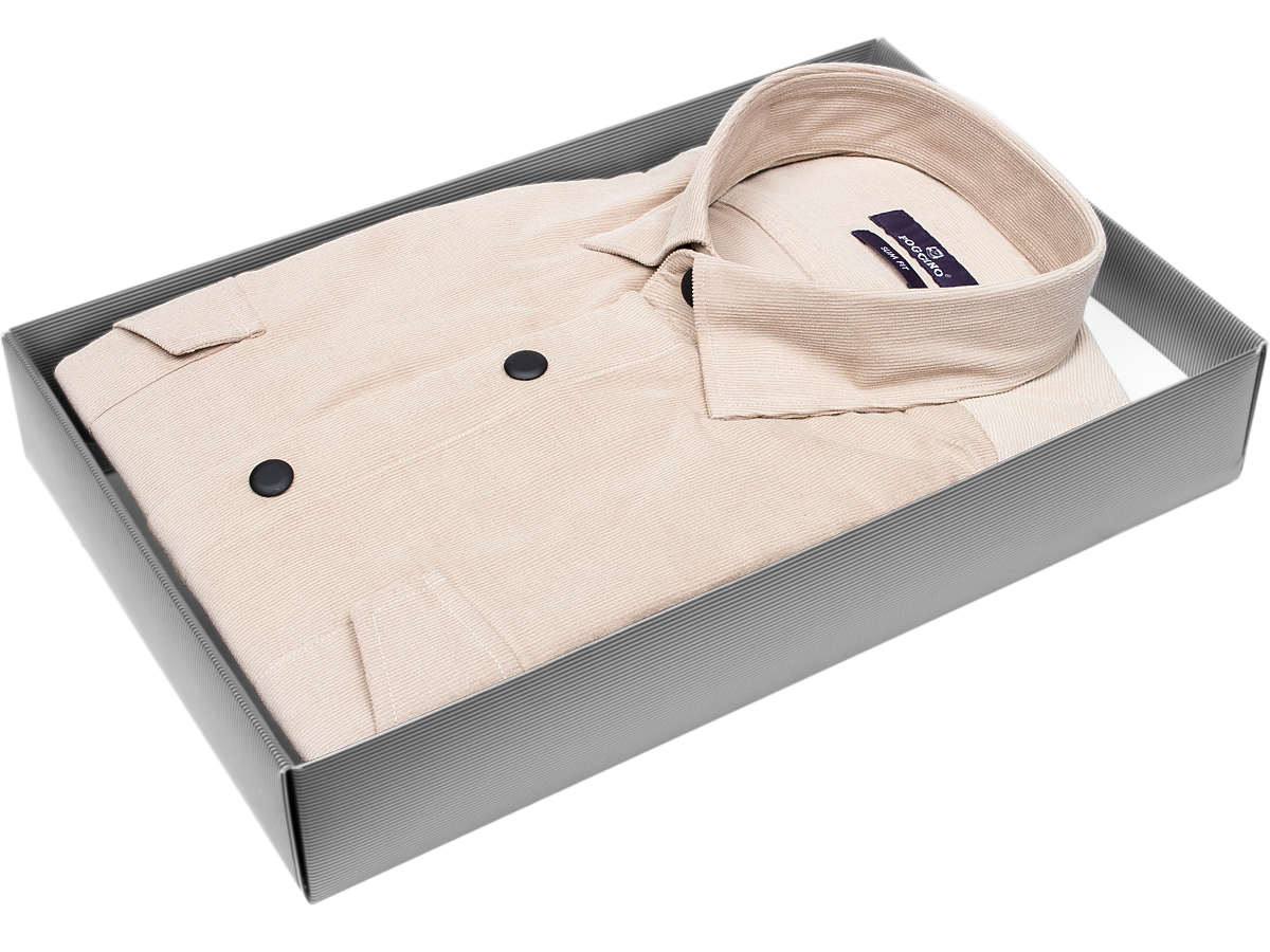 Бежевая вельветовая приталенная мужская рубашка Poggino 7017-89 с длинными рукавами