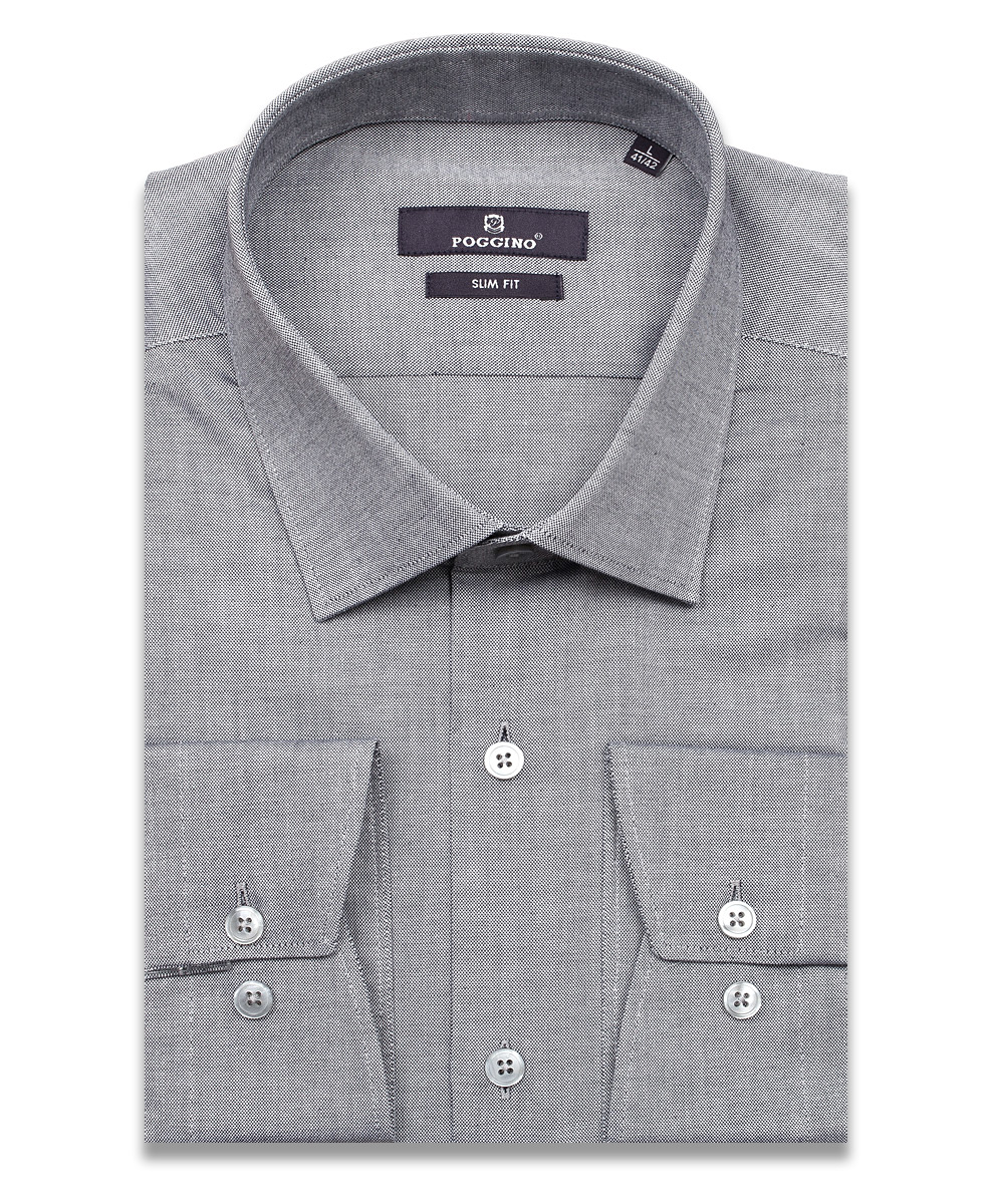 Серая приталенная мужская рубашка Poggino 7017-30 меланж с длинным рукавом