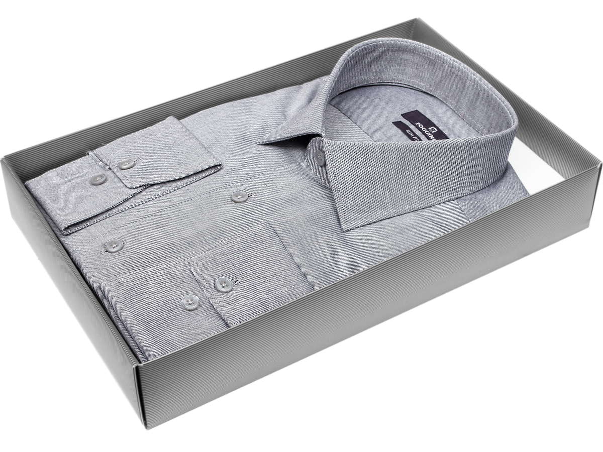 Модная мужская рубашка Poggino 7017-30 силуэт приталенный стиль классический цвет серый меланж 100% хлопок