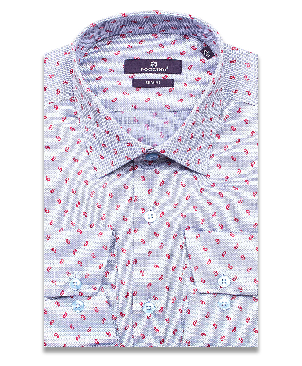Светло-серая приталенная мужская рубашка Poggino 7017-67 в огурцах с длинным рукавом