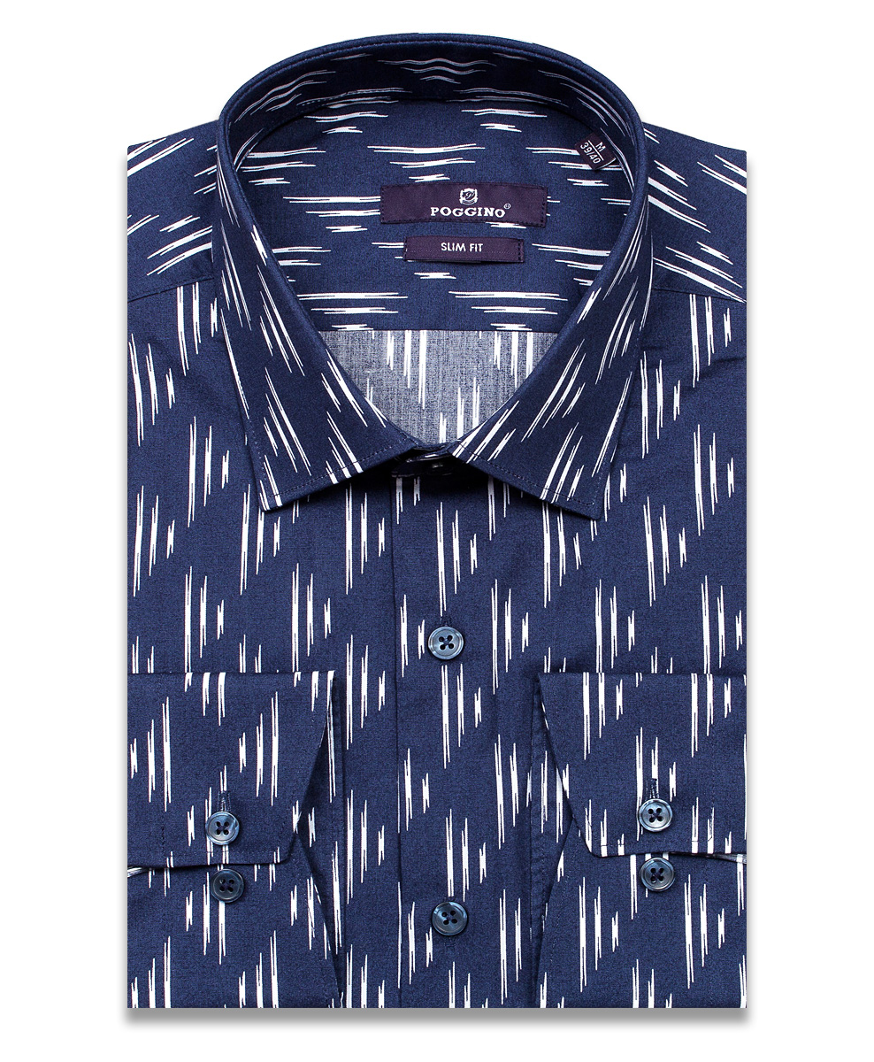 Темно-синяя приталенная мужская рубашка Poggino 7017-41 в узорах с длинными рукавами