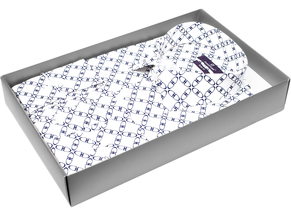 Кремовая приталенная мужская рубашка Poggino 7017-39 в узорах с длинными рукавами купить в Москве недорого
