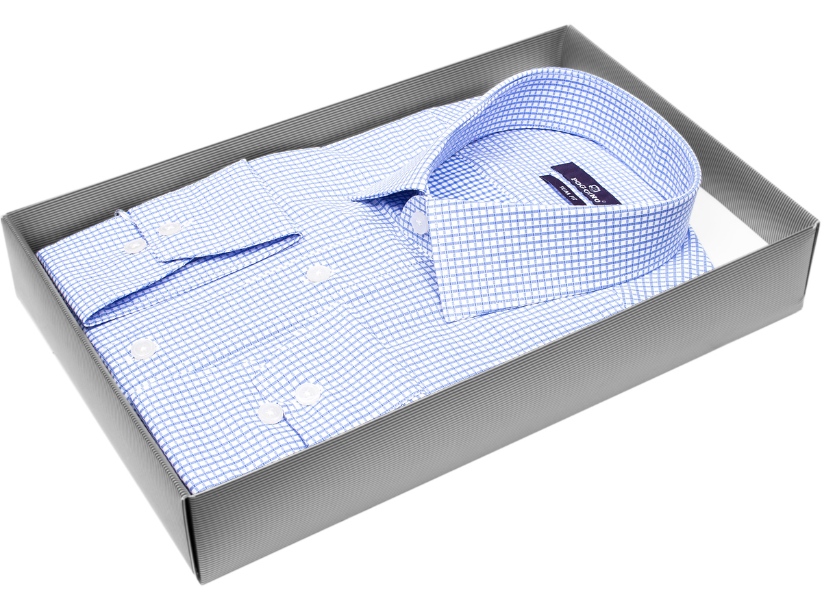 Модная мужская рубашка Poggino 7017-11 силуэт приталенный стиль классический цвет голубой в клетку 100% хлопок