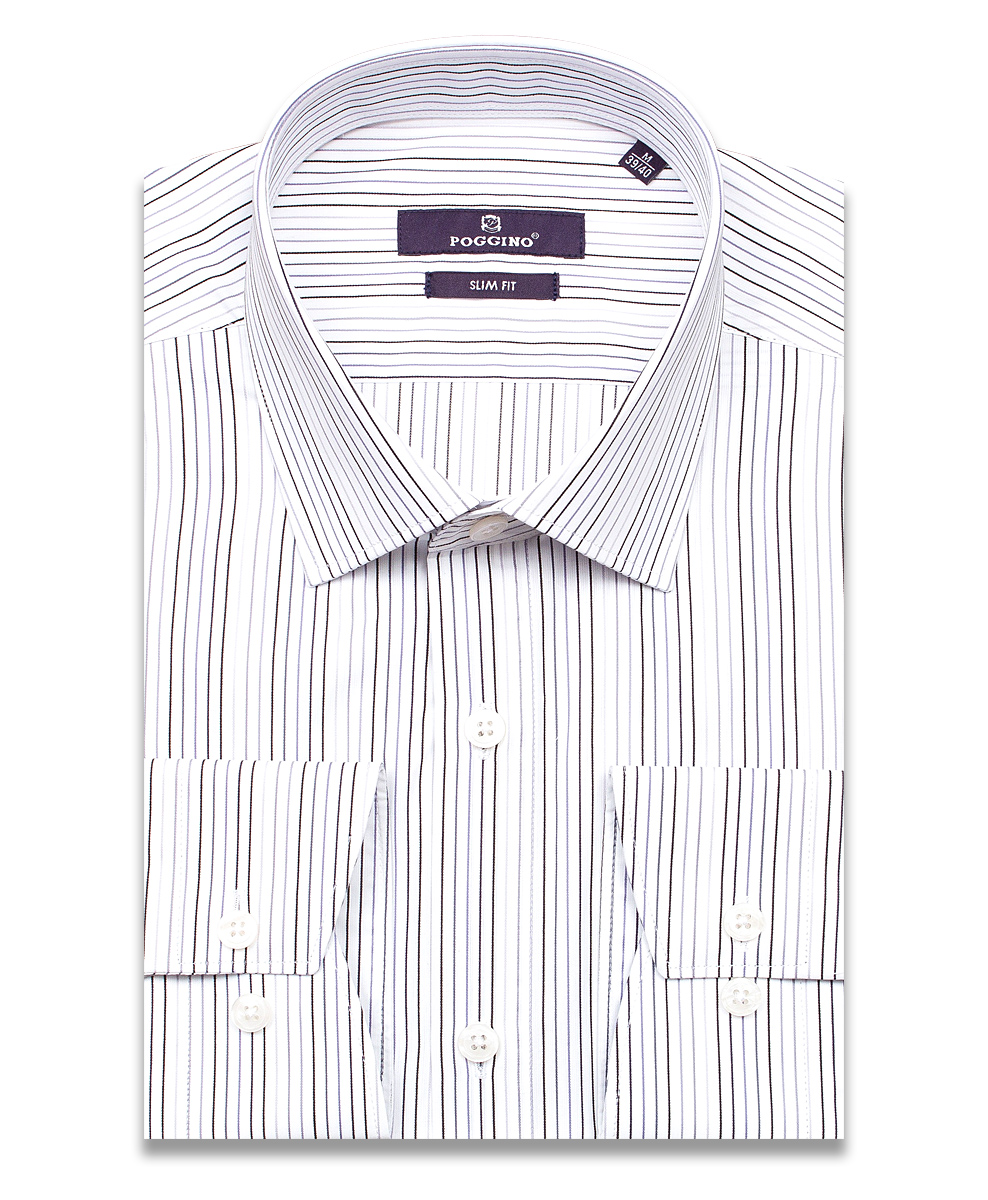 Белая приталенная мужская рубашка Poggino 7017-62 в полоску с длинными рукавами