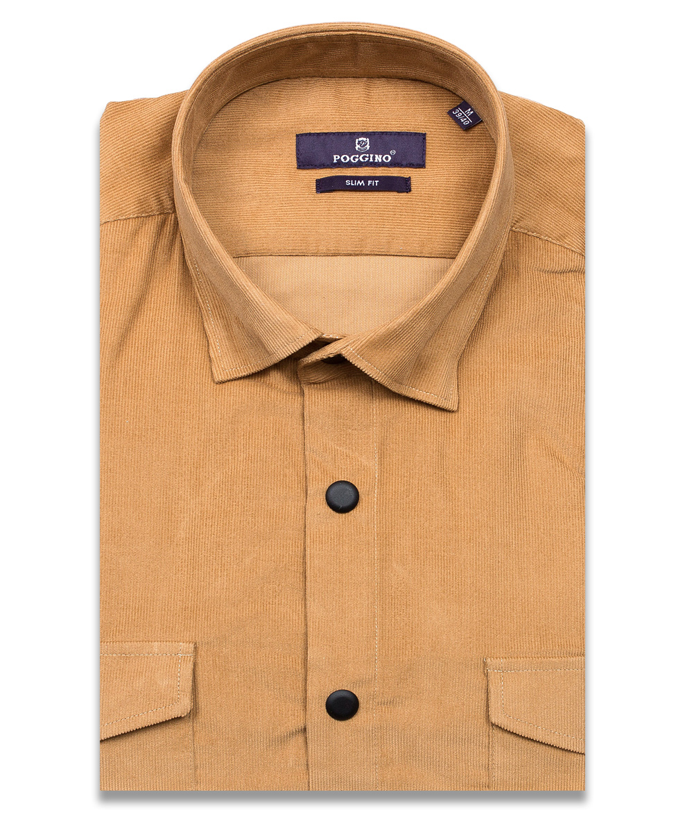 Пастельно-желтая вельветовая приталенная мужская рубашка Poggino 7017-82 с длинными рукавами