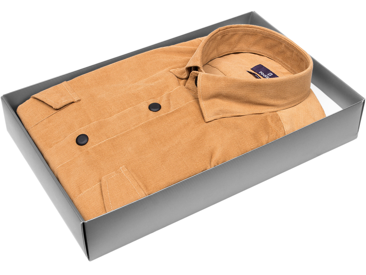Пастельно-желтая вельветовая приталенная мужская рубашка Poggino 7017-82 с длинными рукавами купить в Москве недорого