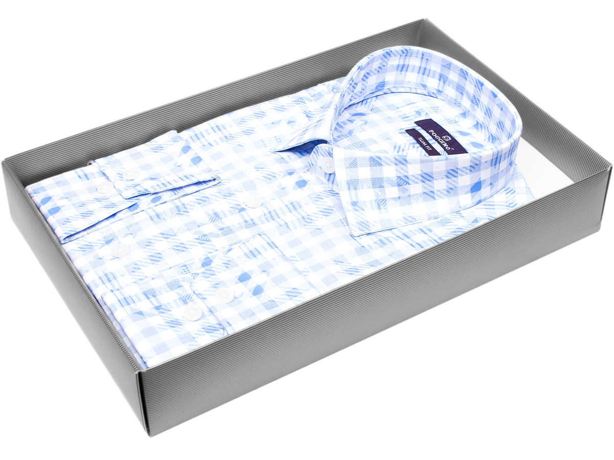 Голубая приталенная мужская рубашка Poggino 7017-15 в клетку с длинными рукавами купить в Москве недорого