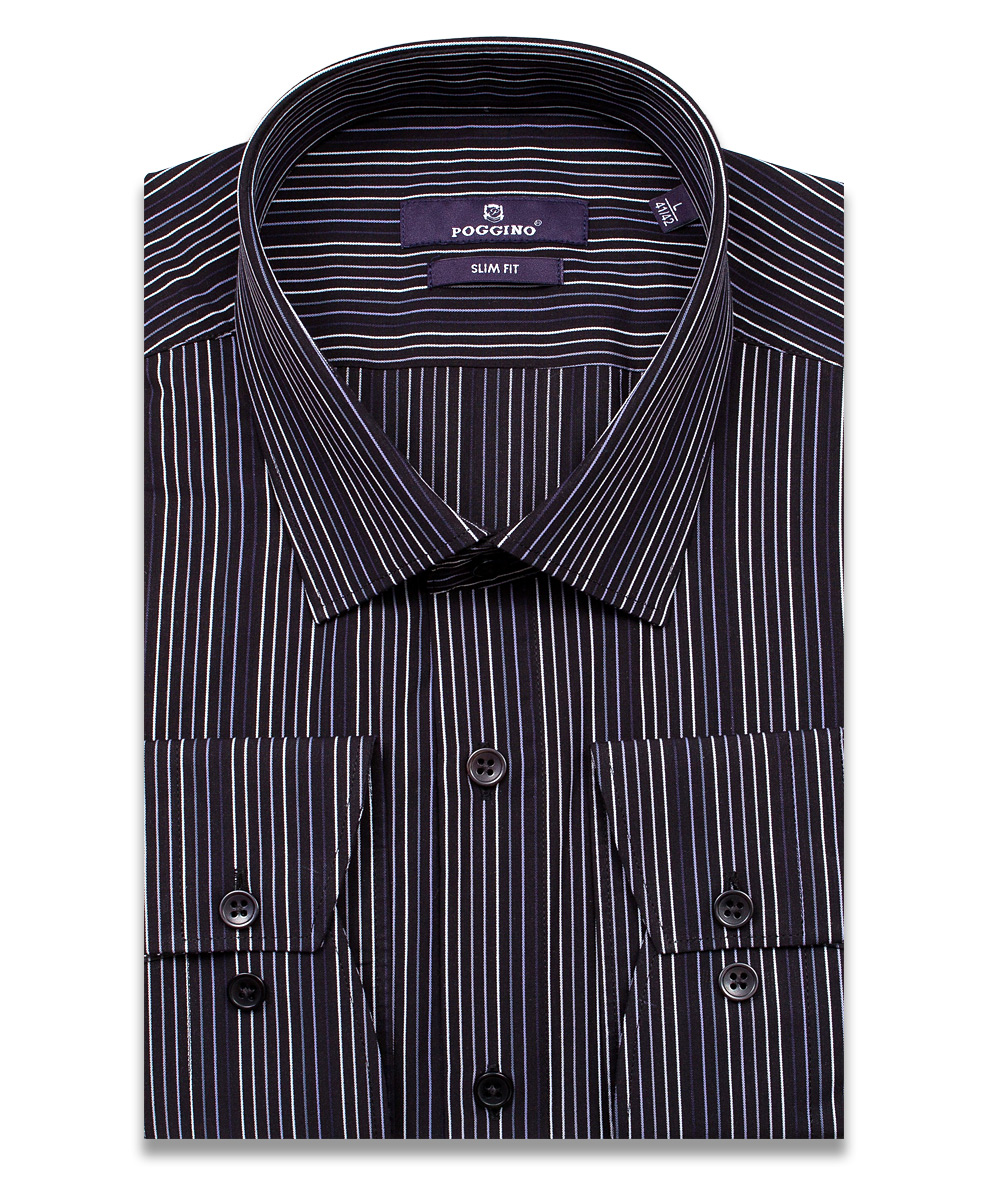 Черная приталенная мужская рубашка Poggino 7017-63 в полоску с длинными рукавами