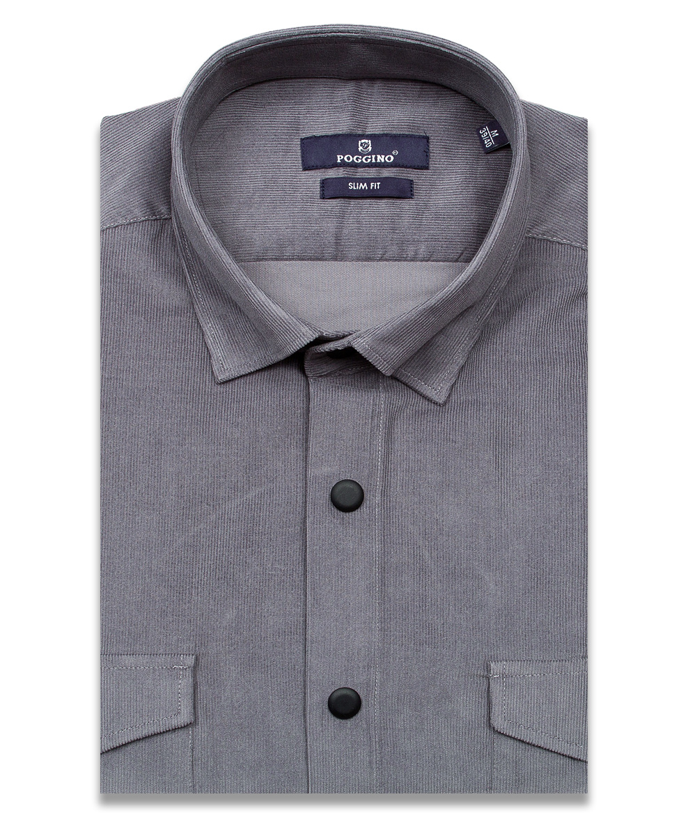 Серая вельветовая приталенная мужская рубашка Poggino 7017-88 с длинными рукавами