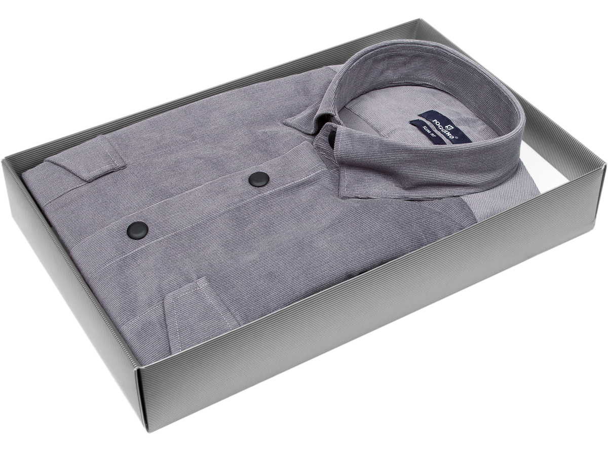 Мужская рубашка модного бренда Poggino 7017-88 рукав длинный силуэт приталенный стиль casual цвет серый однотонный 100% хлопок