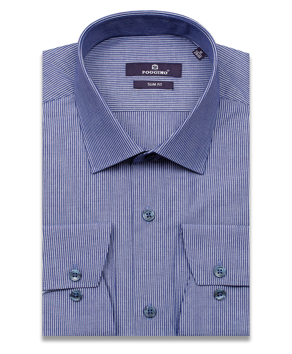Синяя приталенная мужская рубашка Poggino 7017-70 в полоску с длинным рукавом