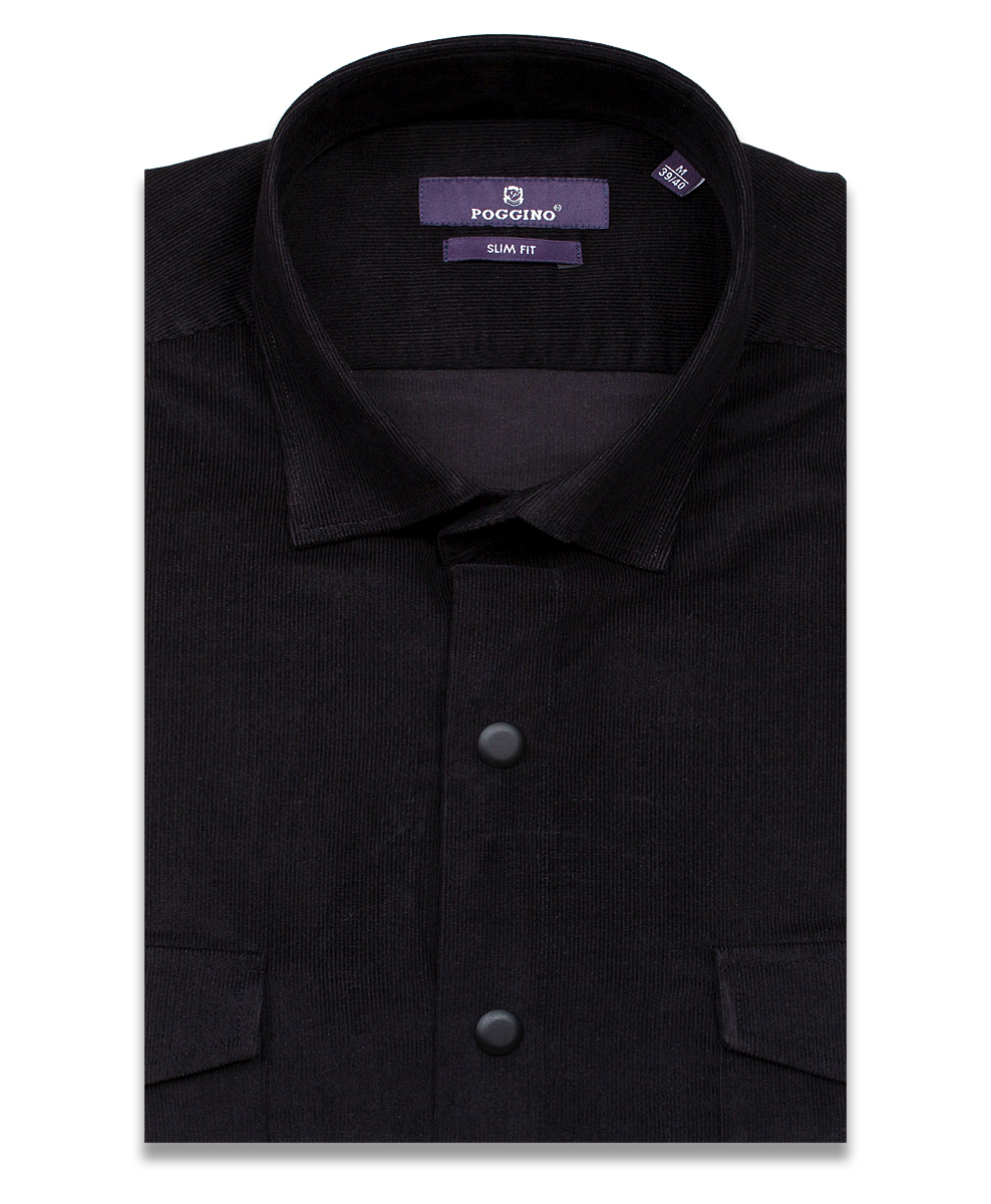 Черная вельветовая приталенная мужская рубашка Poggino 7017-84 с длинными рукавами