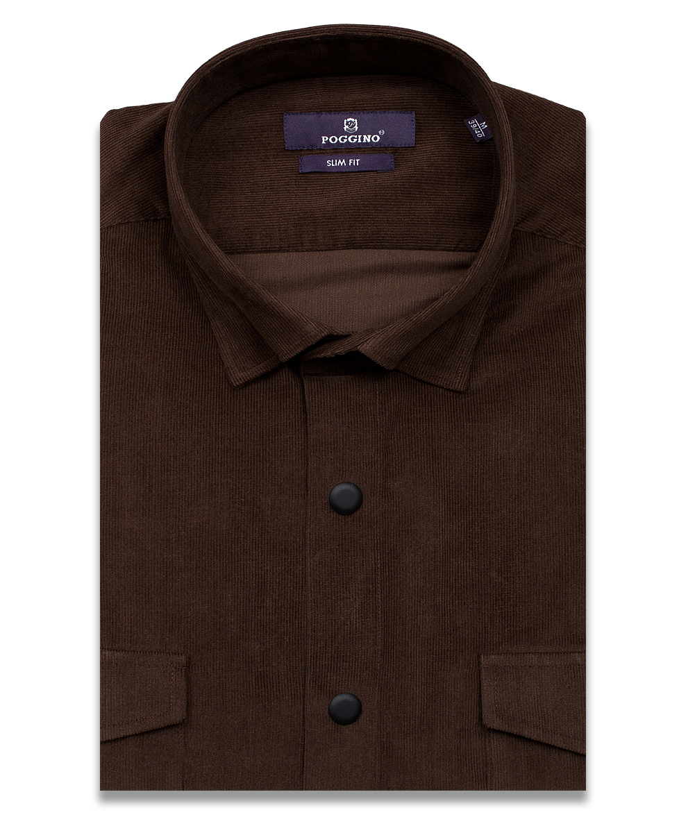 Коричневая вельветовая приталенная мужская рубашка Poggino 7017-85 с длинными рукавами