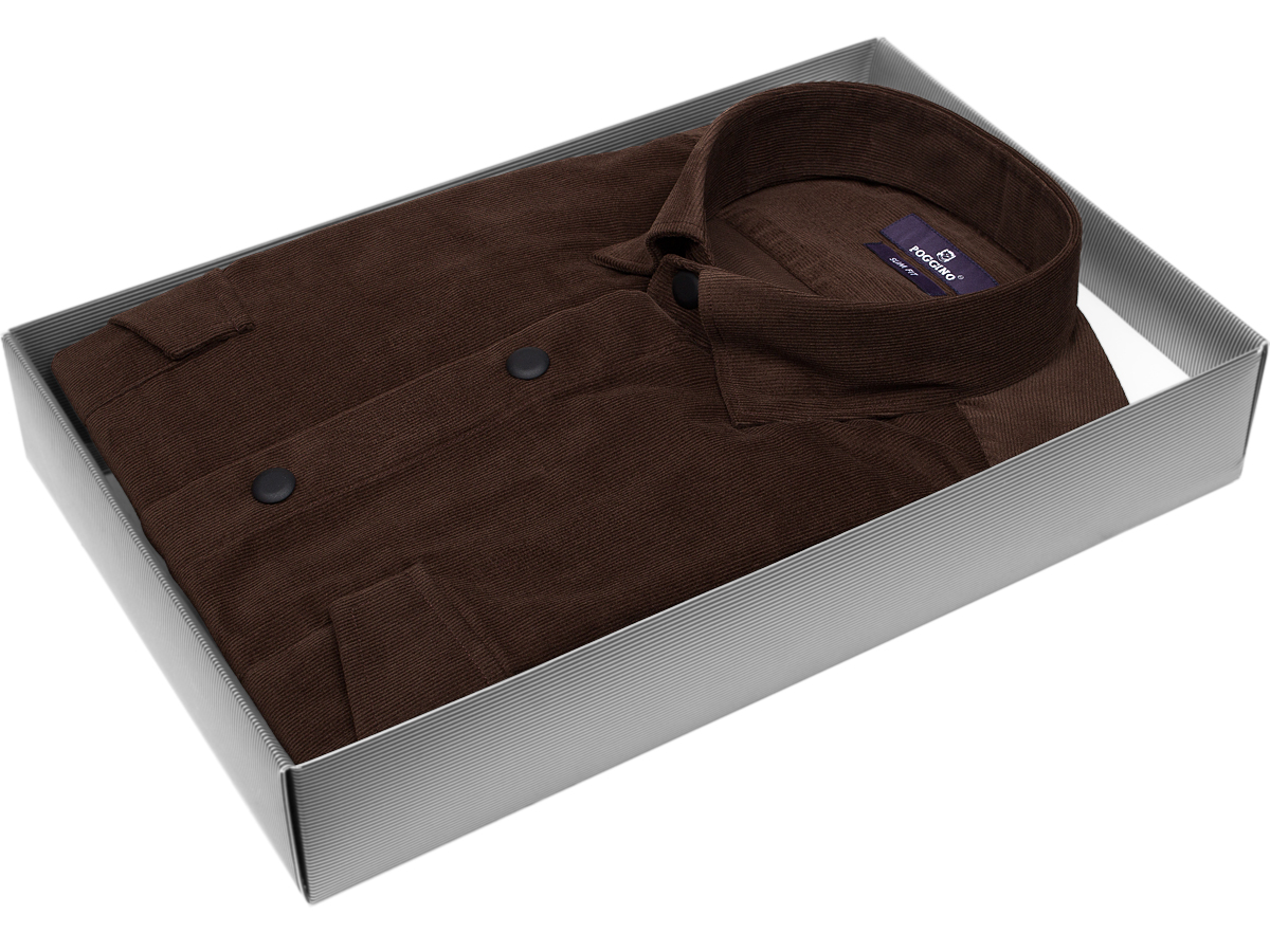 Коричневая вельветовая приталенная мужская рубашка Poggino 7017-85 с длинными рукавами купить в Москве недорого