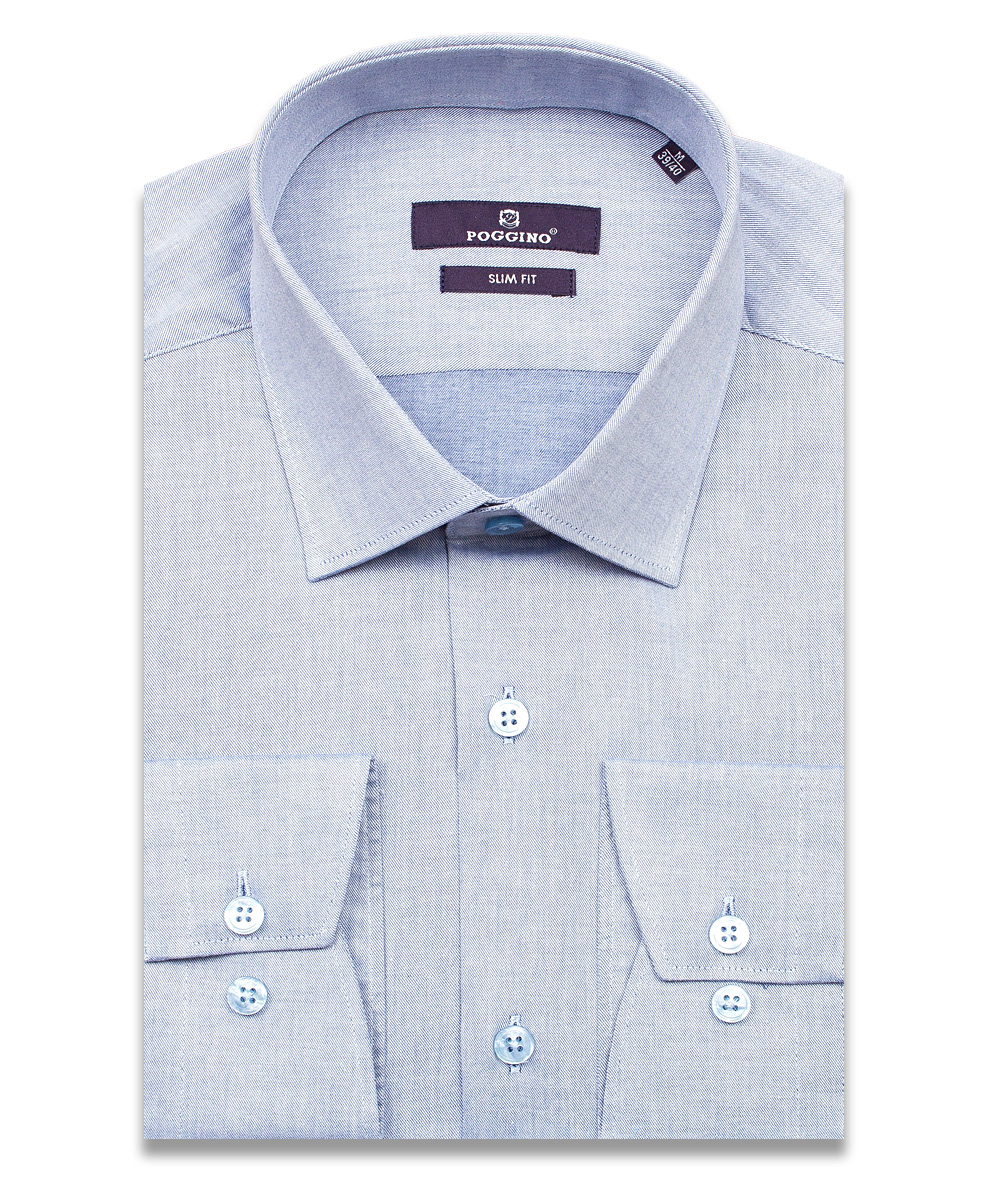 Голубая приталенная мужская рубашка Poggino 7017-74 меланж с длинными рукавами