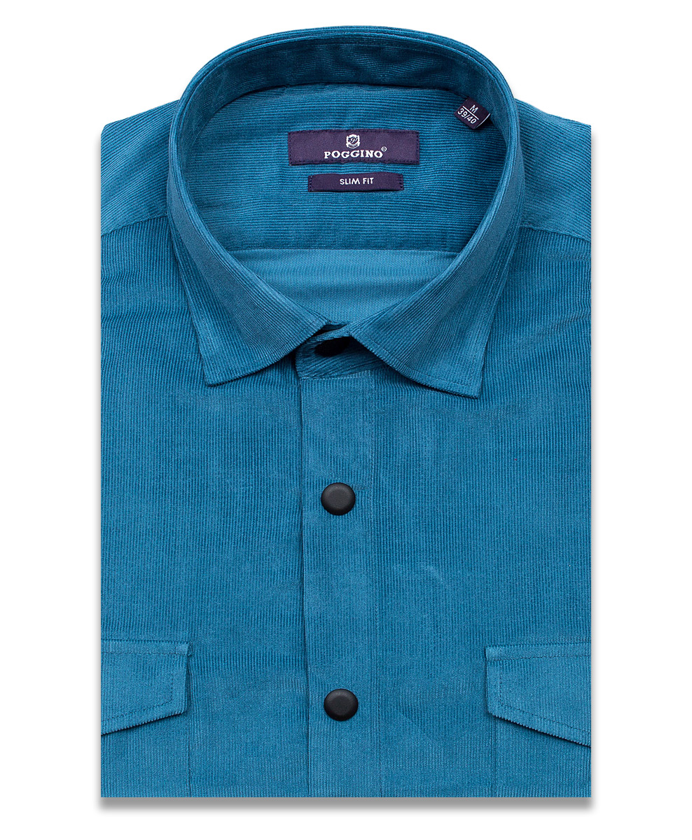 Синяя вельветовая приталенная мужская рубашка Poggino 7017-86 с длинными рукавами