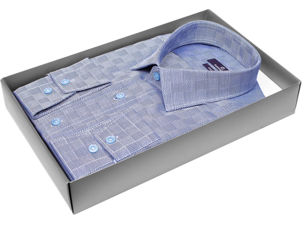 Мужская рубашка модного бренда Poggino 7017-76 рукав длинный силуэт приталенный стиль классический цвет синий в клетку 100% хлопок
