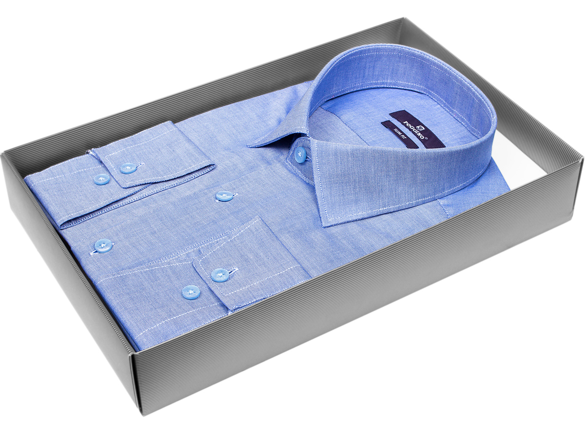 Модная мужская рубашка Poggino 7017-31 силуэт приталенный стиль классический цвет синий однотонный 100% хлопок