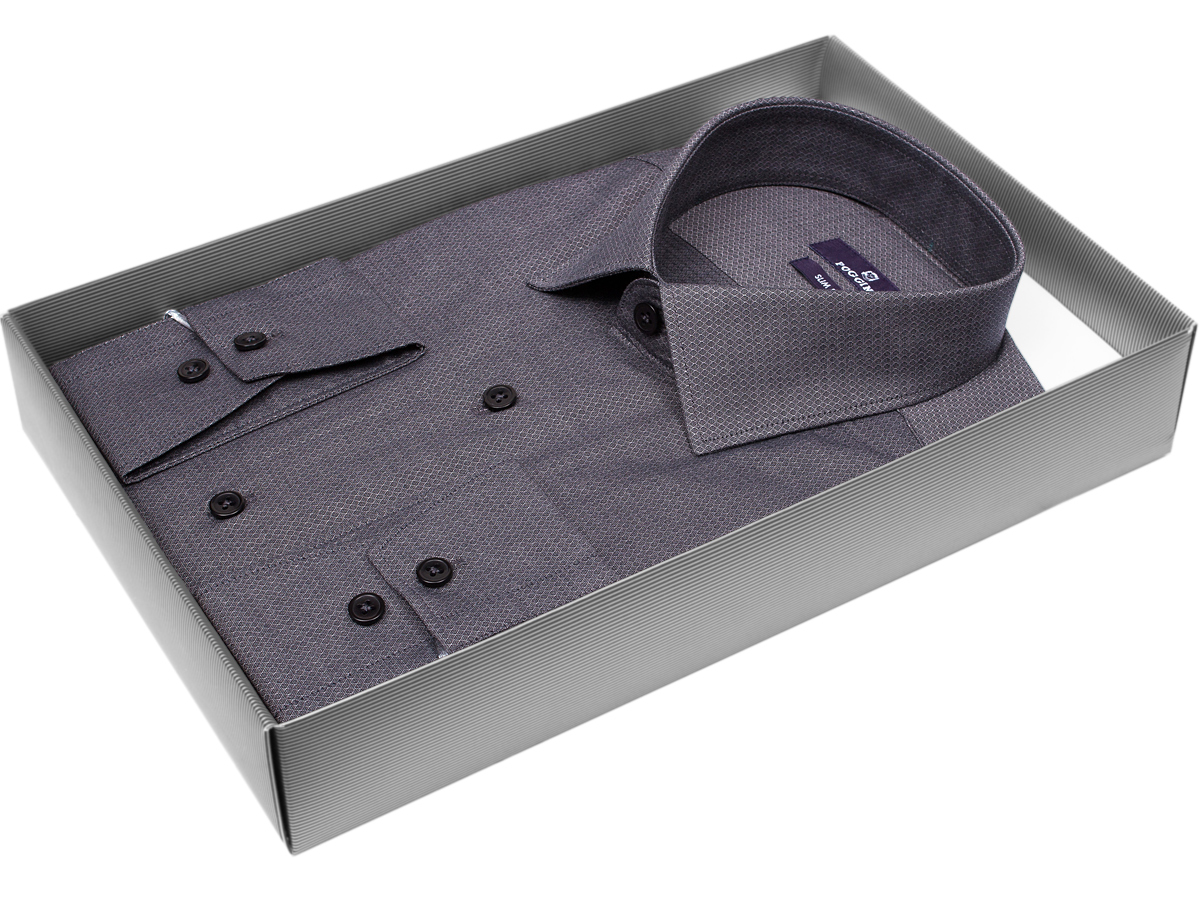 Темно-серая приталенная мужская рубашка Poggino 7017-48 в ромбах с длинными рукавами купить в Москве недорого