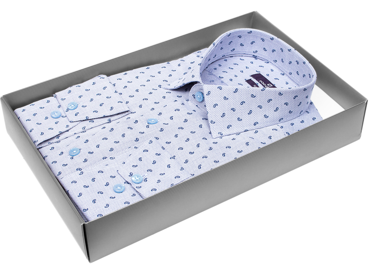 Светло-синяя приталенная мужская рубашка Poggino 7017-66 в огурцах с длинным рукавом купить в Москве недорого