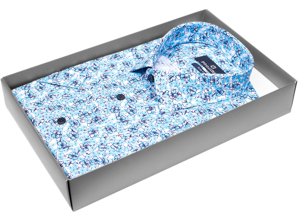Бирюзовая приталенная мужская рубашка Poggino 7004-11  в цветочек с коротким рукавом купить в Москве недорого