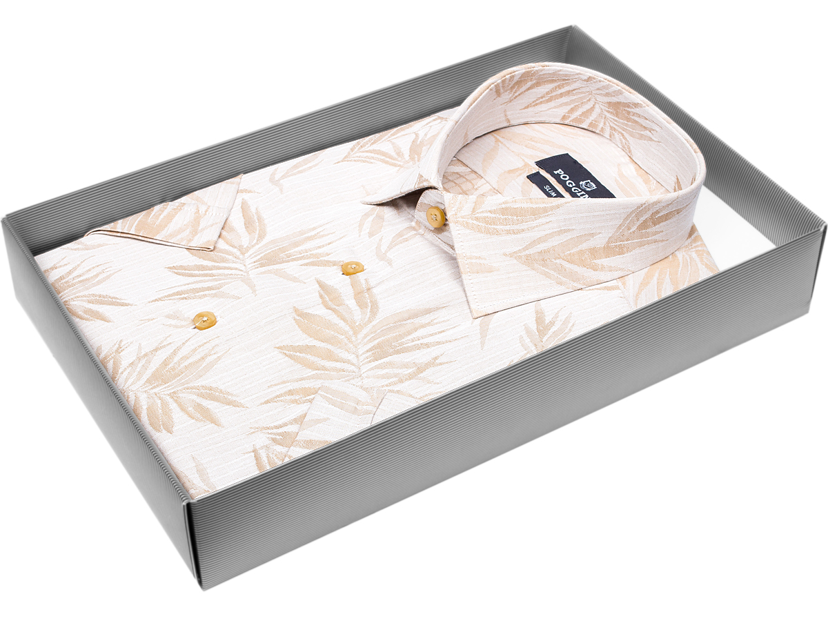 Бежевая приталенная мужская рубашка Poggino 7004-51 в листьях с коротким рукавом купить в Москве недорого