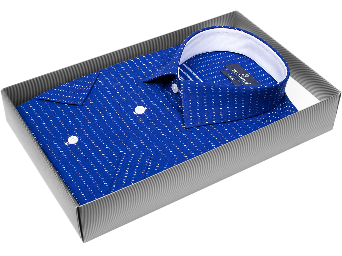 Приталенная мужская рубашка Poggino 4000-02 рукав короткий стиль классический цвет синий в полоску 100% хлопок