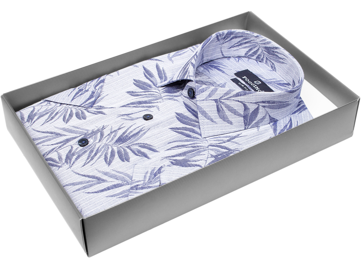 Стильная мужская рубашка Poggino 7004-48 рукав короткий силуэт приталенный стиль casual цвет синий в листьях 100% хлопок