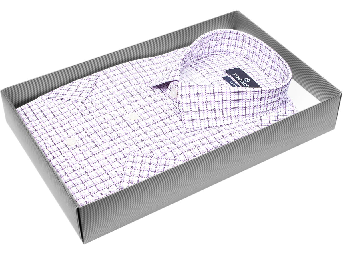 Удобная мужская рубашка Poggino 7004-38 рукав короткий силуэт приталенный стиль классический цвет сиреневый в клетку 100% хлопок