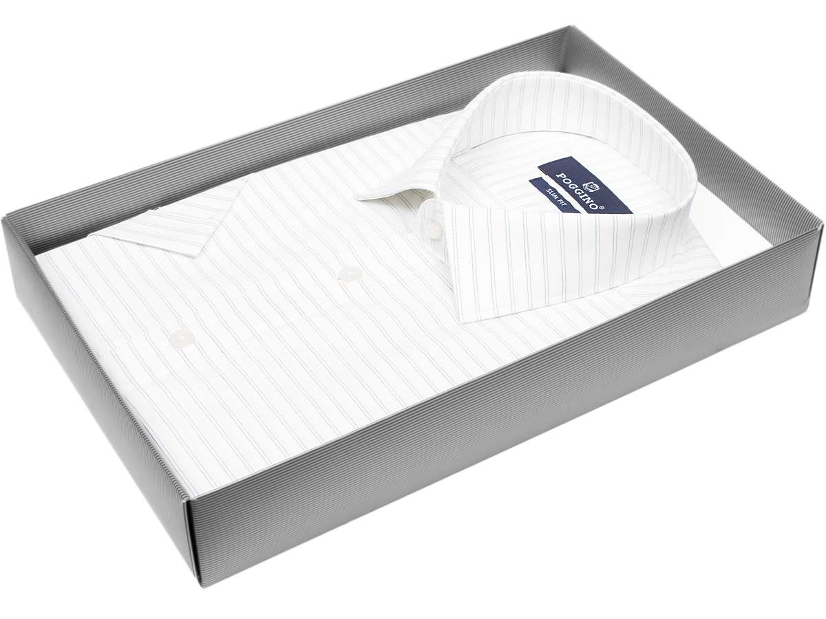 Модная мужская рубашка Poggino 7003-49 силуэт приталенный стиль классический цвет белый в полоску 100% хлопок