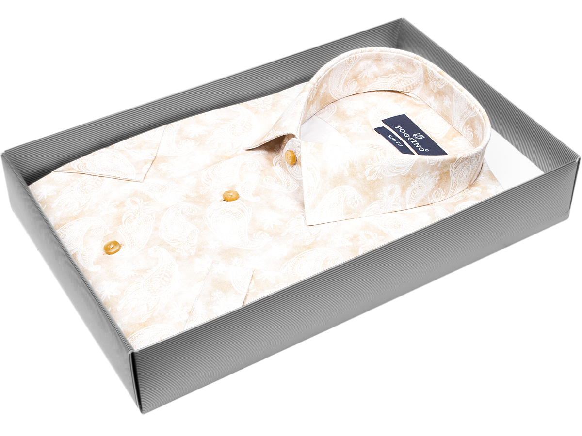 Удобная мужская рубашка Poggino 7002-20 рукав короткий силуэт приталенный стиль casual цвет бежевый в восточных огурцах 100% хлопок