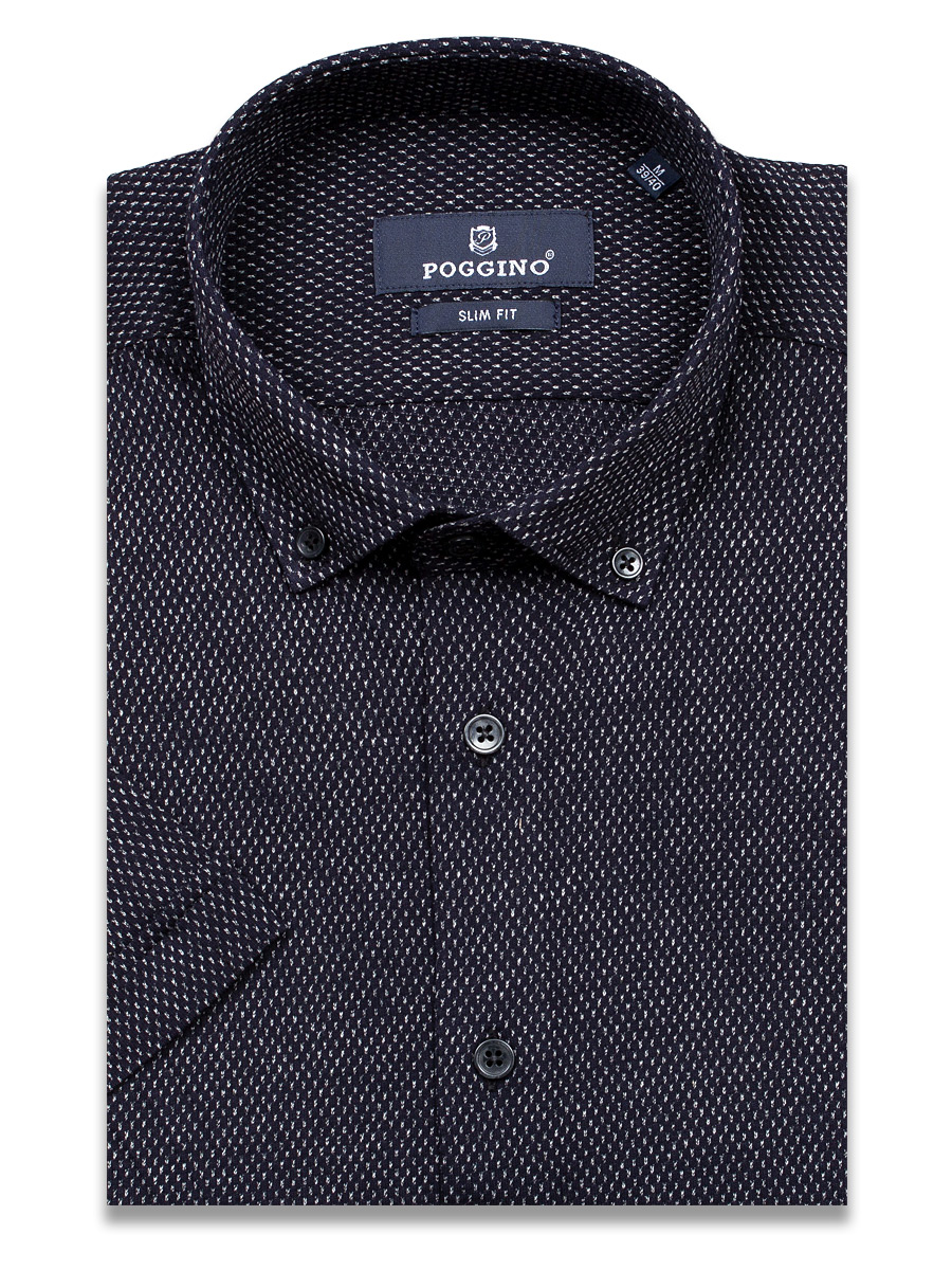 Черная приталенная мужская рубашка Poggino 7003-67 в отрезках с коротким рукавом